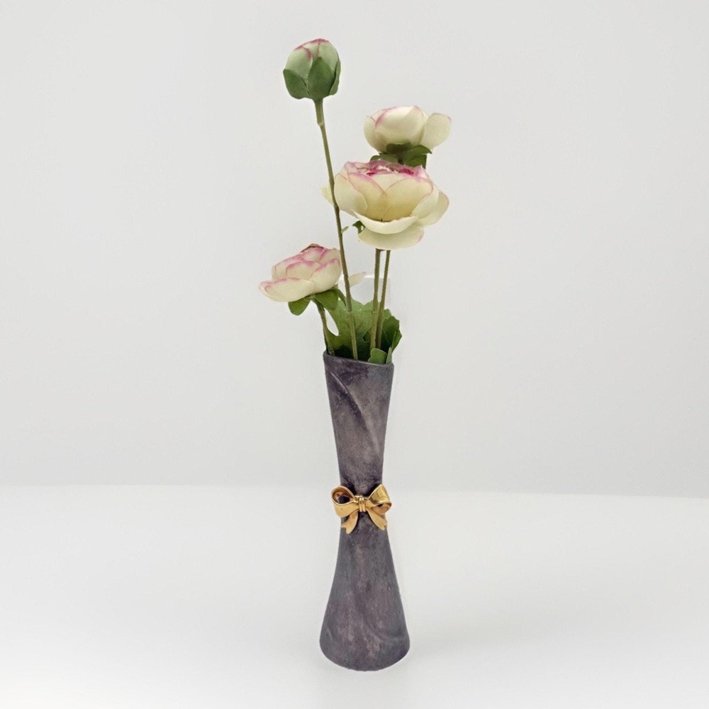 Vintage Pewter Tone Bud Vase with Brass Bow Accent Metal Single Stem Vase ~7"